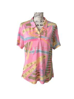 Jamie Sadock Womens Size L Top Pink Abstract Polo Shirt Short Sleeves Golf